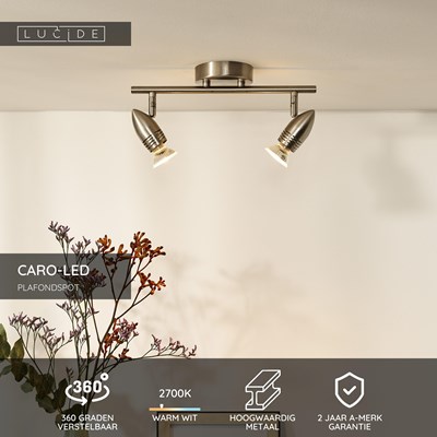 Lucide CARO-LED - Plafondspot - LED - GU10 - 2x5W 2700K - Mat chroom